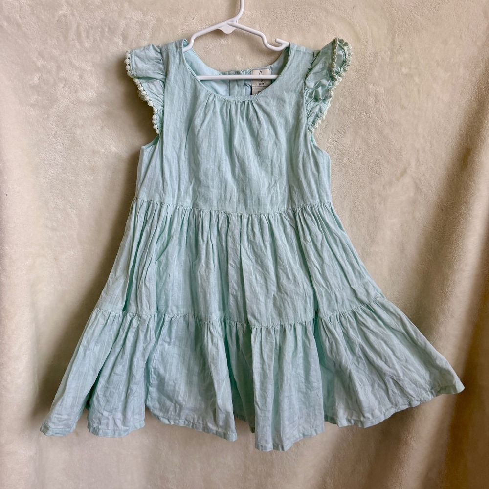 Joie Girls Mint Green Tiered Dress Size 7 Pom Pom Trim Flutter Sleeve Cotton